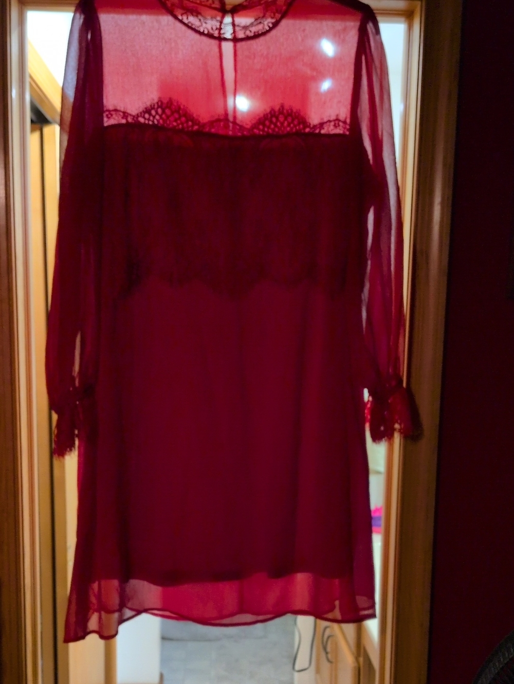 Sheer Lace Yoke Long Sleeve Dress - Burgundy